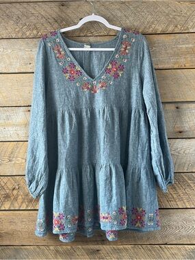 Natural Life Floral embroidered chambray Linen Cotton tiered Dress Large Boho